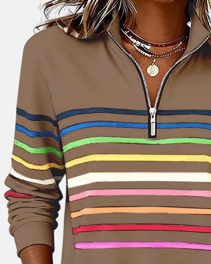 Striped Half Zip Stand Collar Sweatshirt