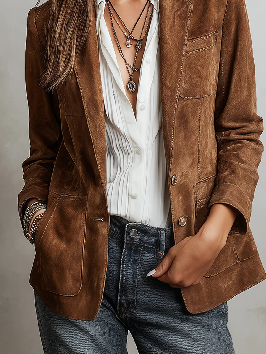 Faux Suede Single Breasted Tailored Jacket