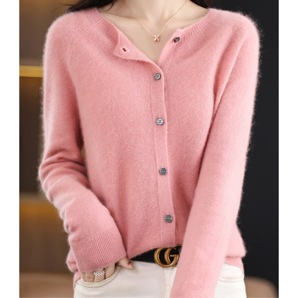 Womens Round Neck Long Sleeve Knitted Cardigan