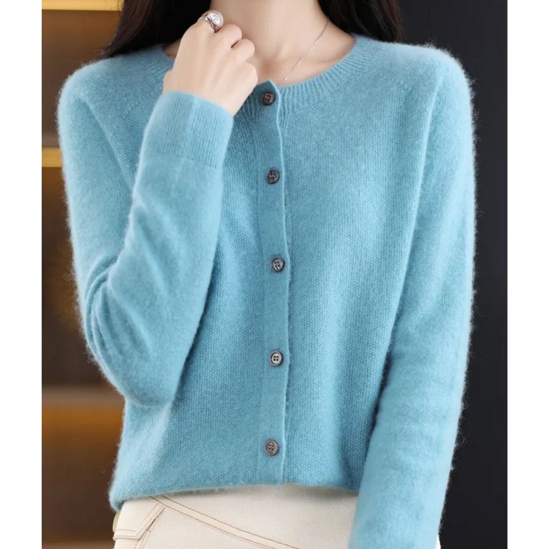 Womens Round Neck Long Sleeve Knitted Cardigan