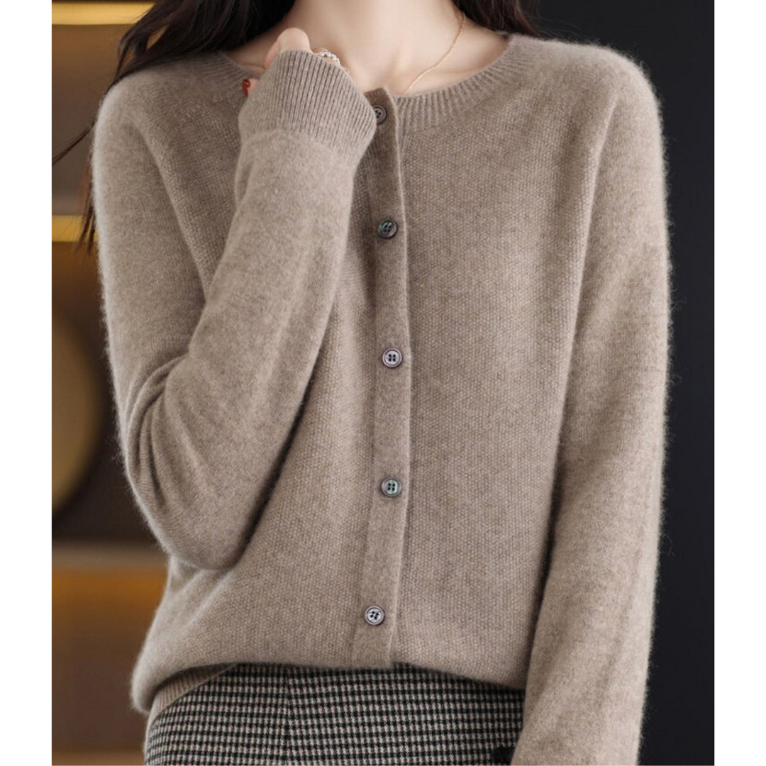 Womens Round Neck Long Sleeve Knitted Cardigan