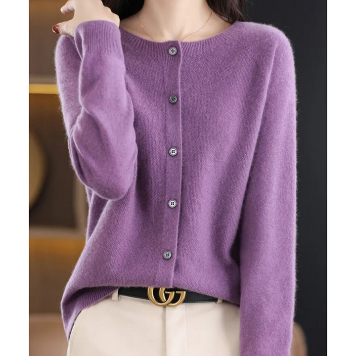 Womens Round Neck Long Sleeve Knitted Cardigan
