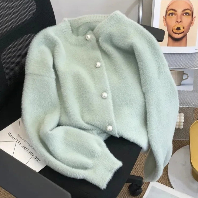 Womens Round-Neck Pearl-Button Cardigan