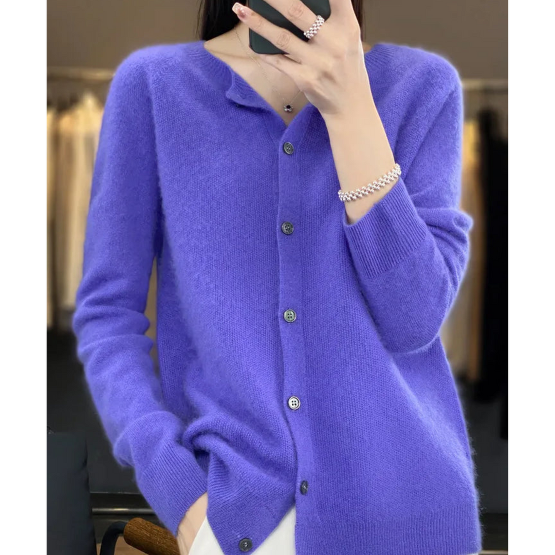 Womens Round Neck Long Sleeve Knitted Cardigan