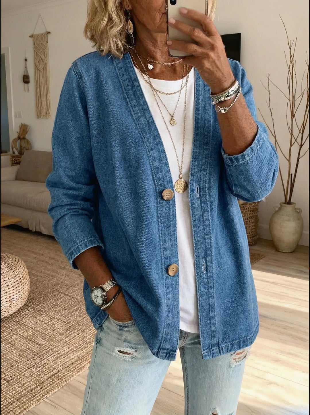 Womens Long Sleeve Zip Front Denim Cardigan
