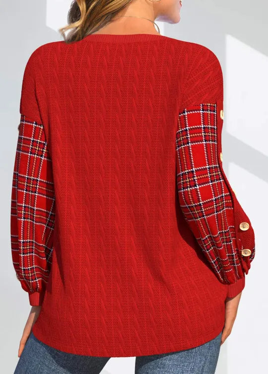 Emilia | Red Knit with Checked Sleeves
