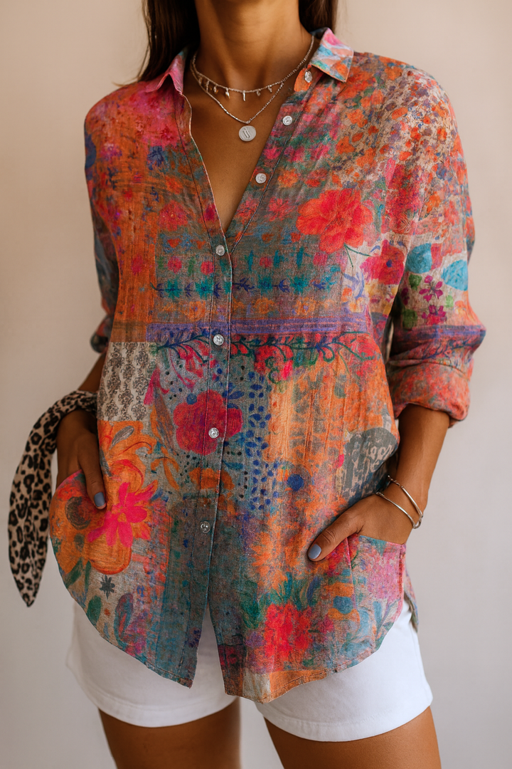 Patterned Blouse with Gathered Waist