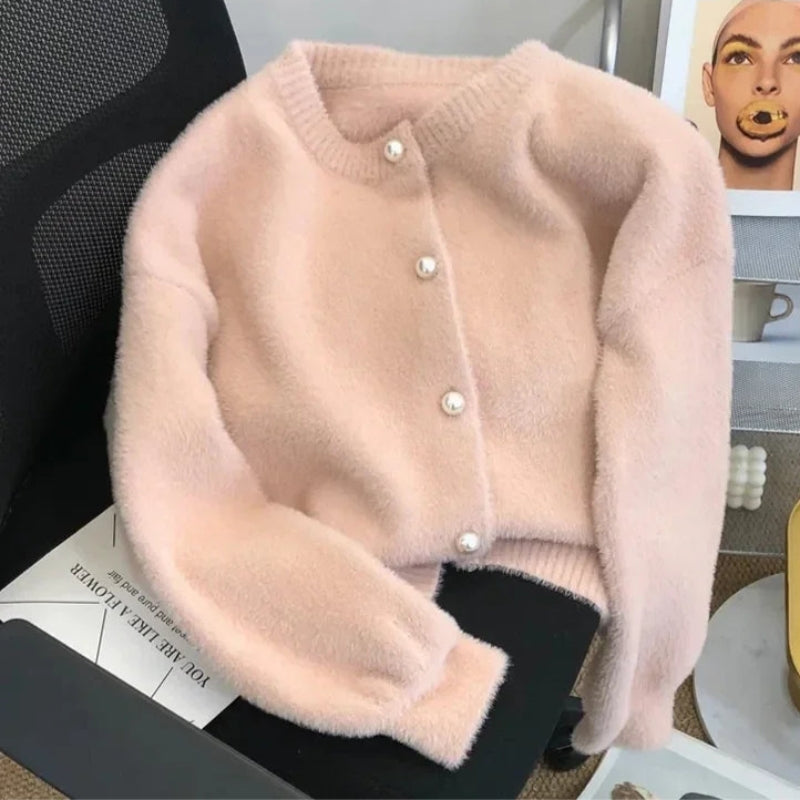 Womens Round-Neck Pearl-Button Cardigan