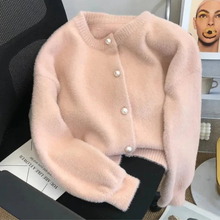 Womens Round-Neck Pearl-Button Cardigan