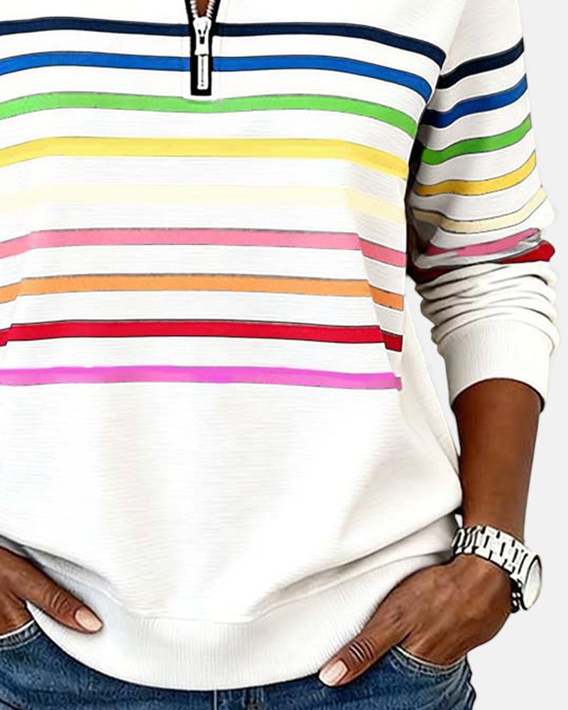 Striped Half Zip Stand Collar Sweatshirt