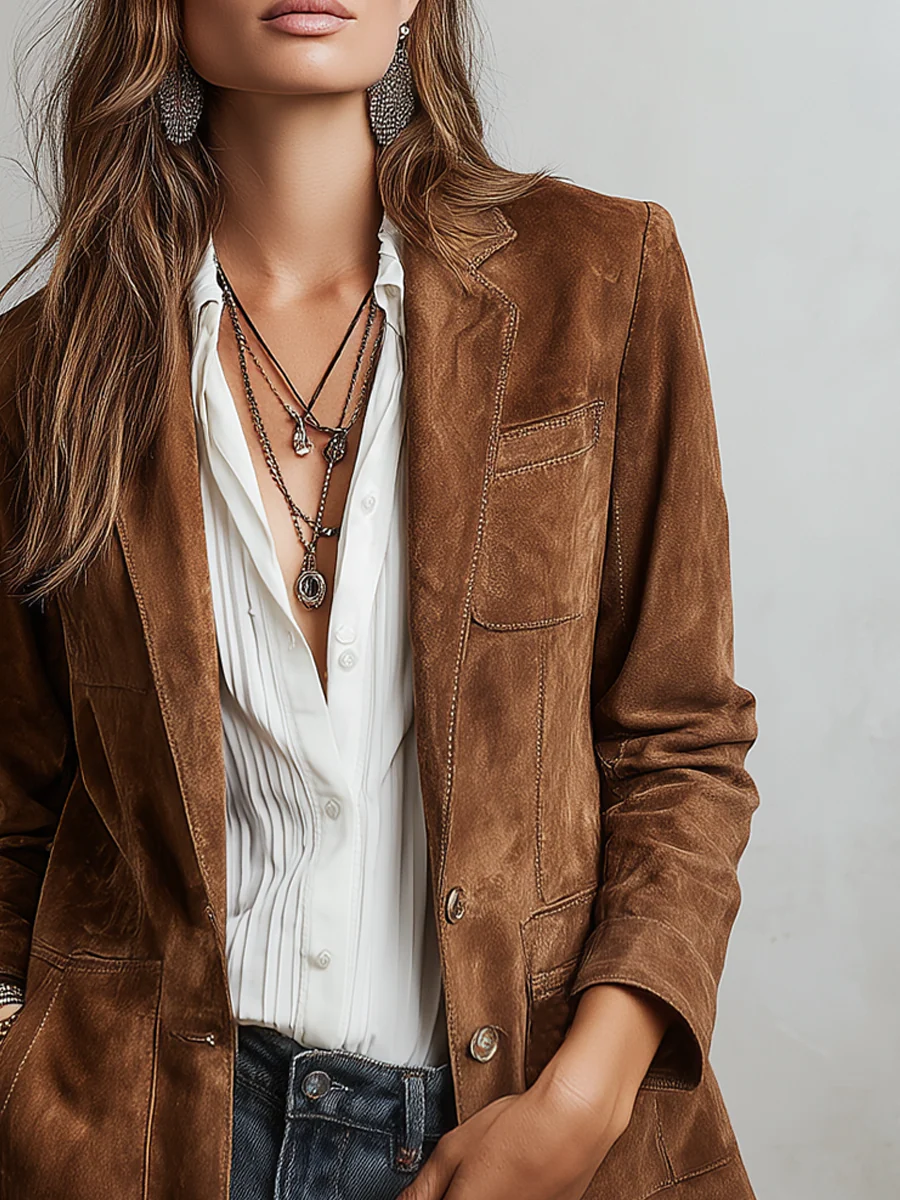 Faux Suede Single Breasted Tailored Jacket