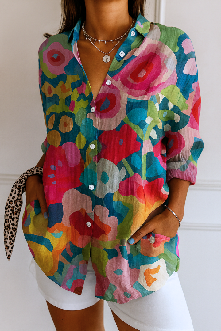 Patterned Blouse with Gathered Waist