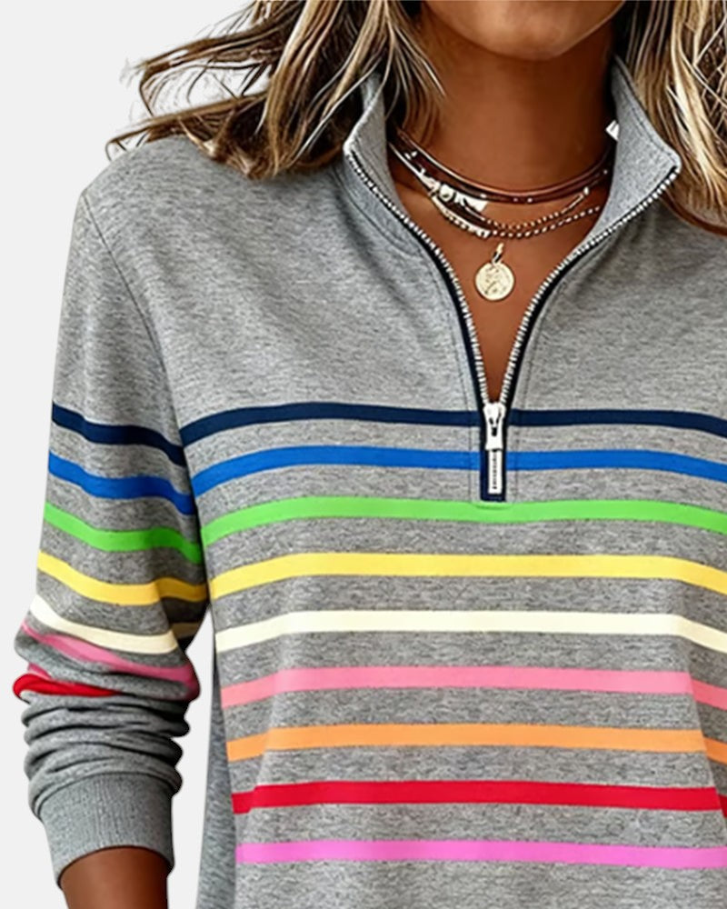 Striped Half Zip Stand Collar Sweatshirt