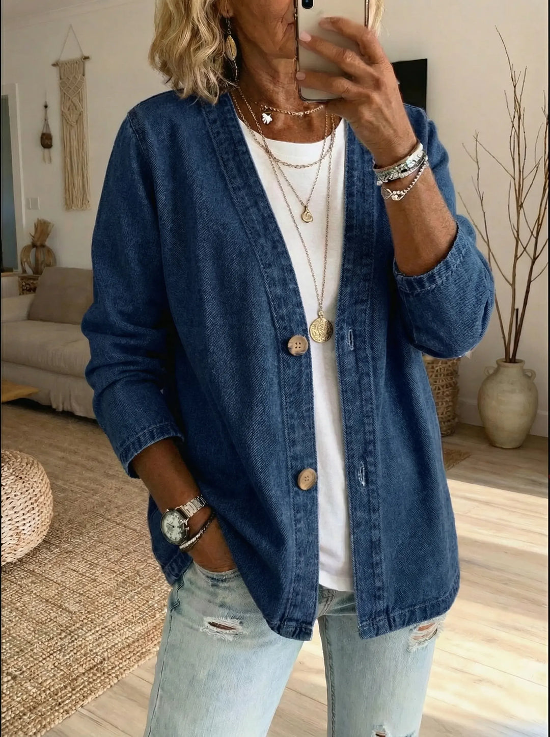 Womens Long Sleeve Zip Front Denim Cardigan