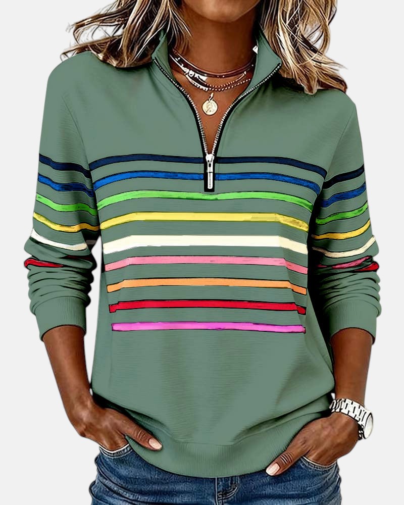 Striped Half Zip Stand Collar Sweatshirt