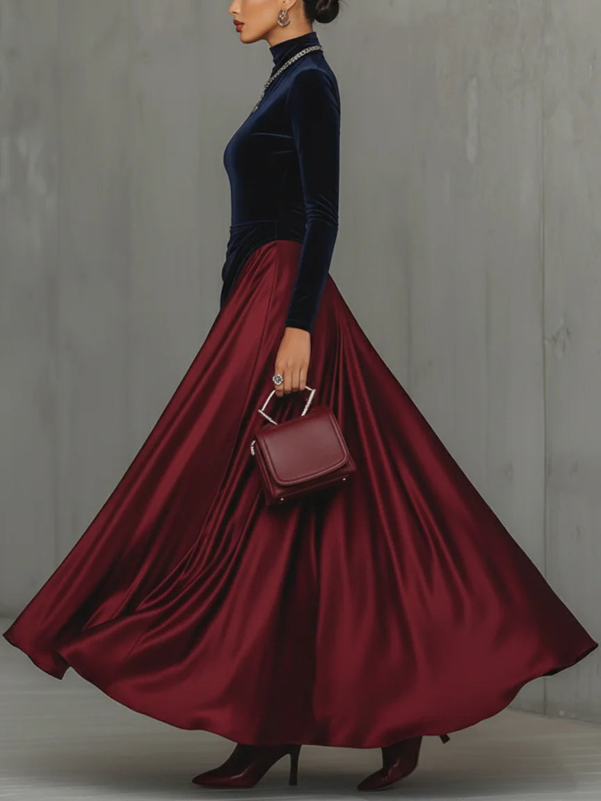 Bidelia | Elegant Two-Tone Long Velvet and Satin Dress with Flowing Skirt
