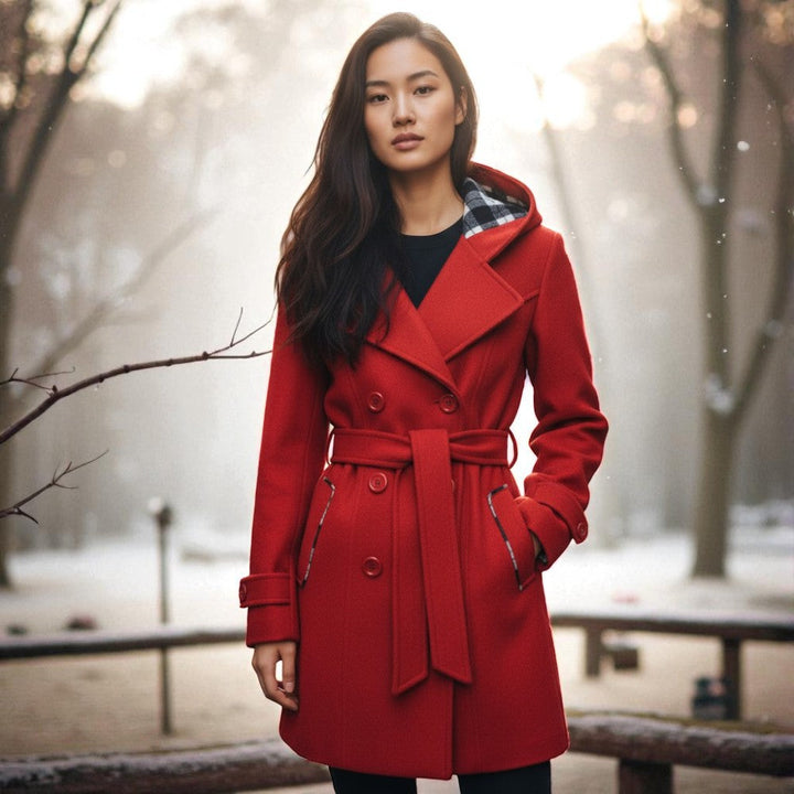 Womens Hooded Button-Front Trench Coat