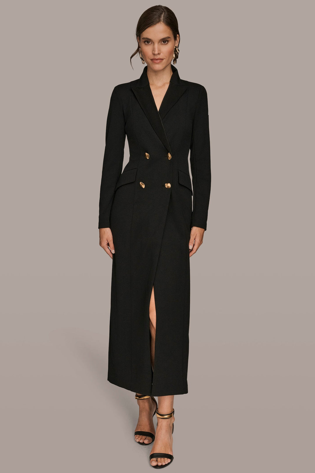 Double Breasted Satin Trim Maxi Coat Dress