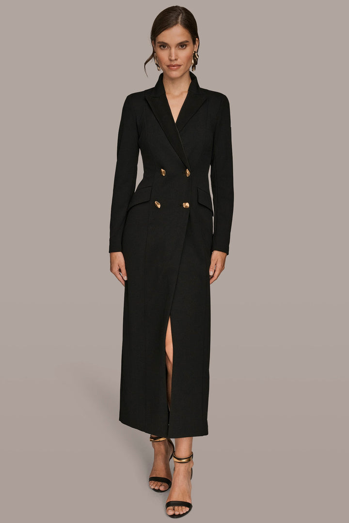 Double Breasted Satin Trim Maxi Coat Dress