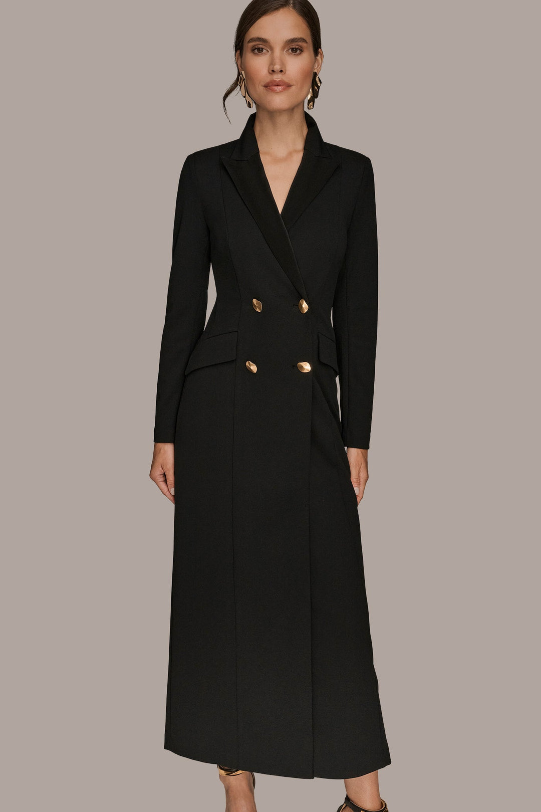 Double Breasted Satin Trim Maxi Coat Dress