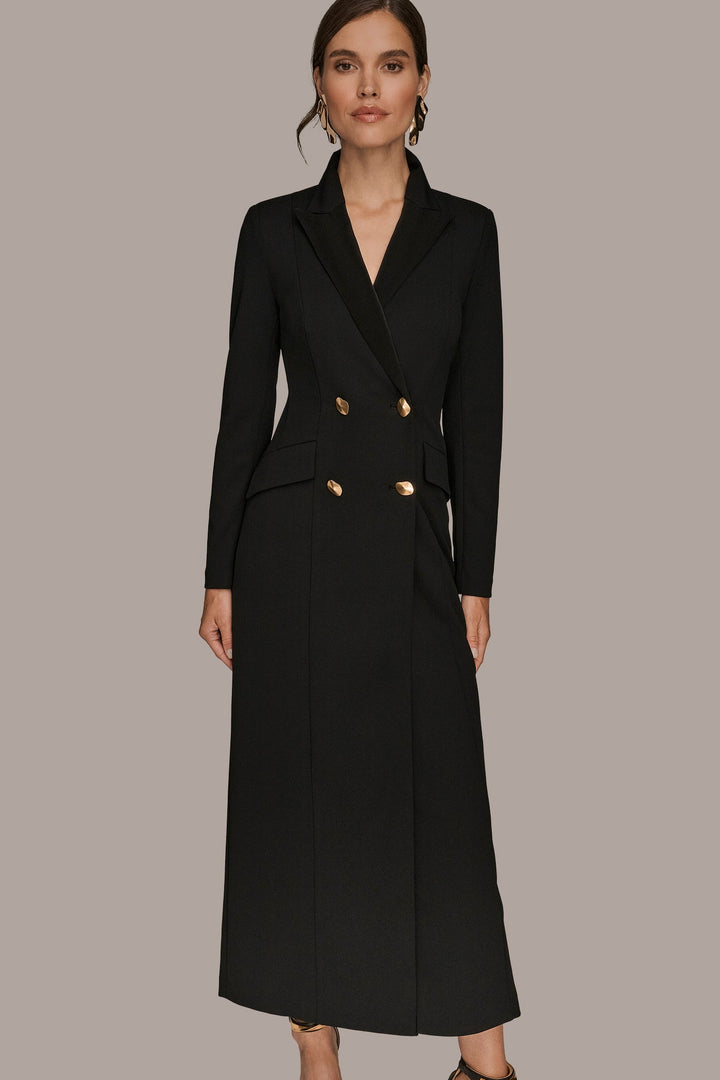 Double Breasted Satin Trim Maxi Coat Dress