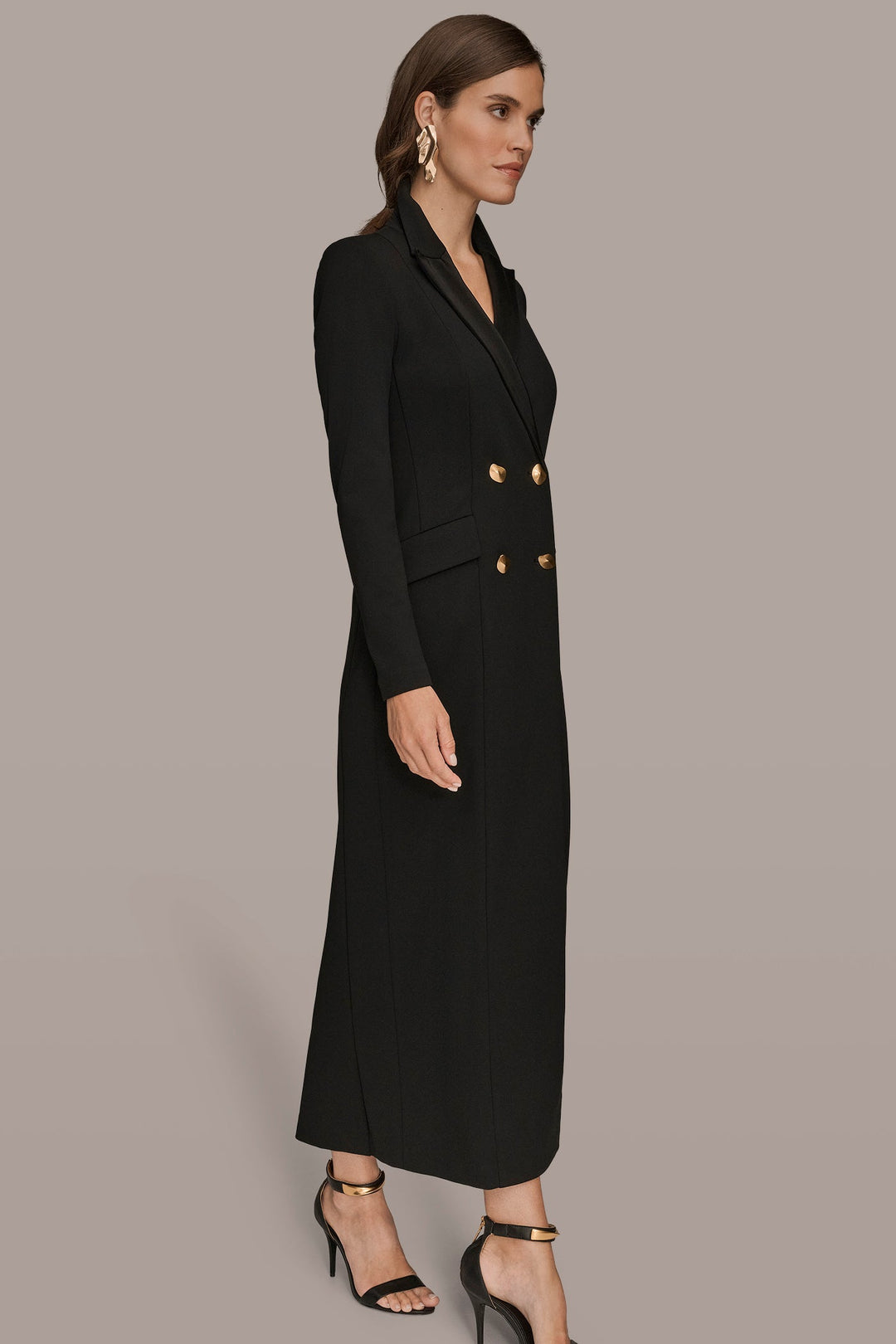 Double Breasted Satin Trim Maxi Coat Dress