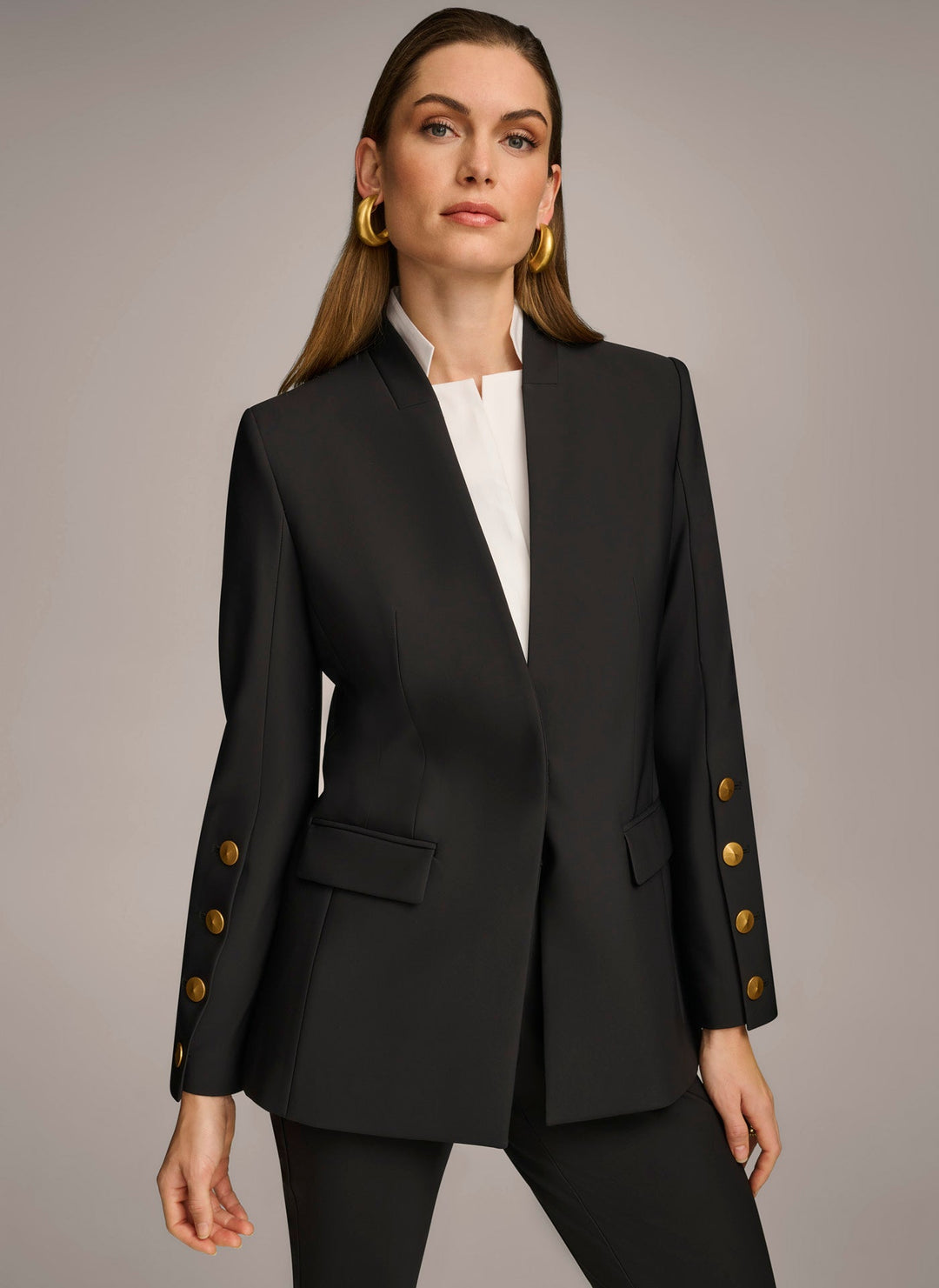 Collarless Relaxed Jacket with Button Sleeve Detail