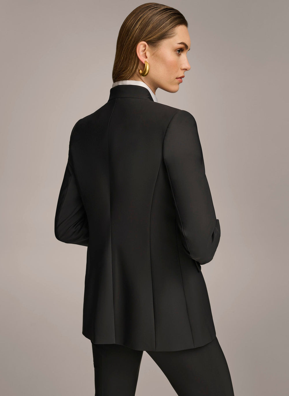 Collarless Relaxed Jacket with Button Sleeve Detail