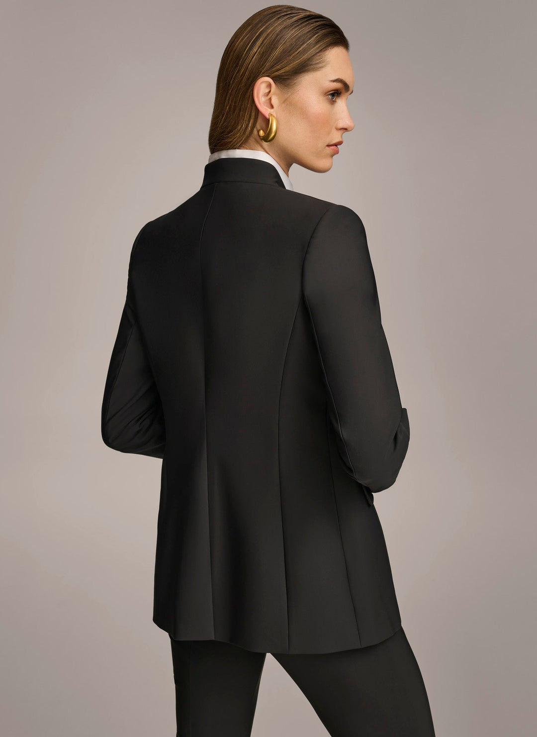 Collarless Relaxed Jacket with Button Sleeve Detail