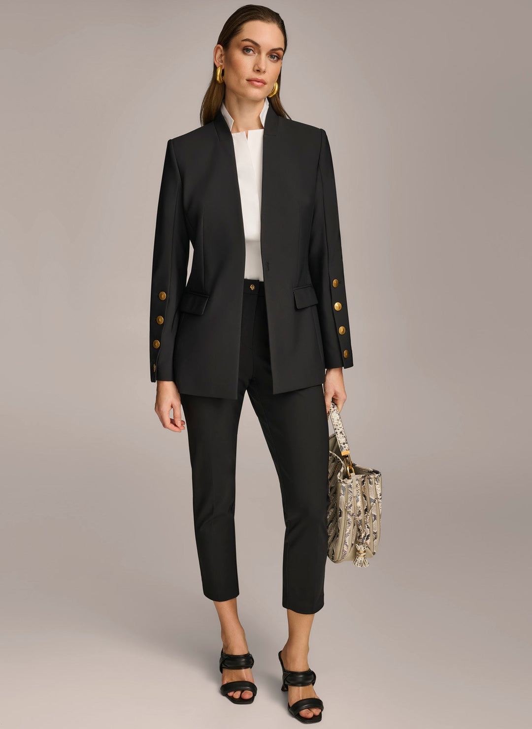 Collarless Relaxed Jacket with Button Sleeve Detail