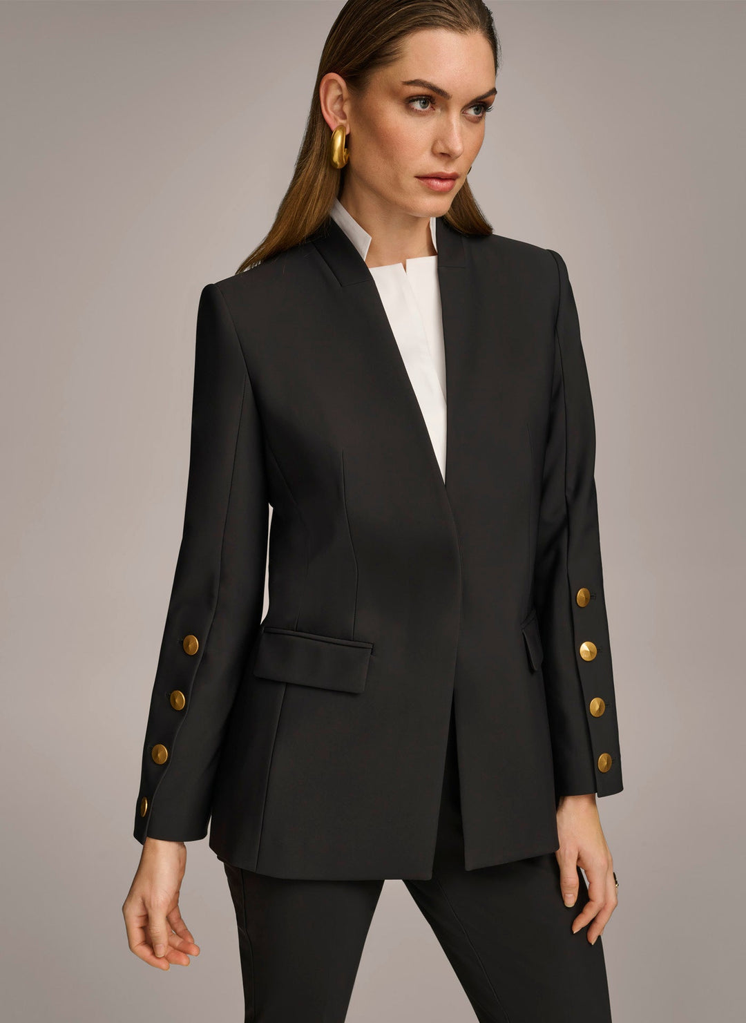 Collarless Relaxed Jacket with Button Sleeve Detail