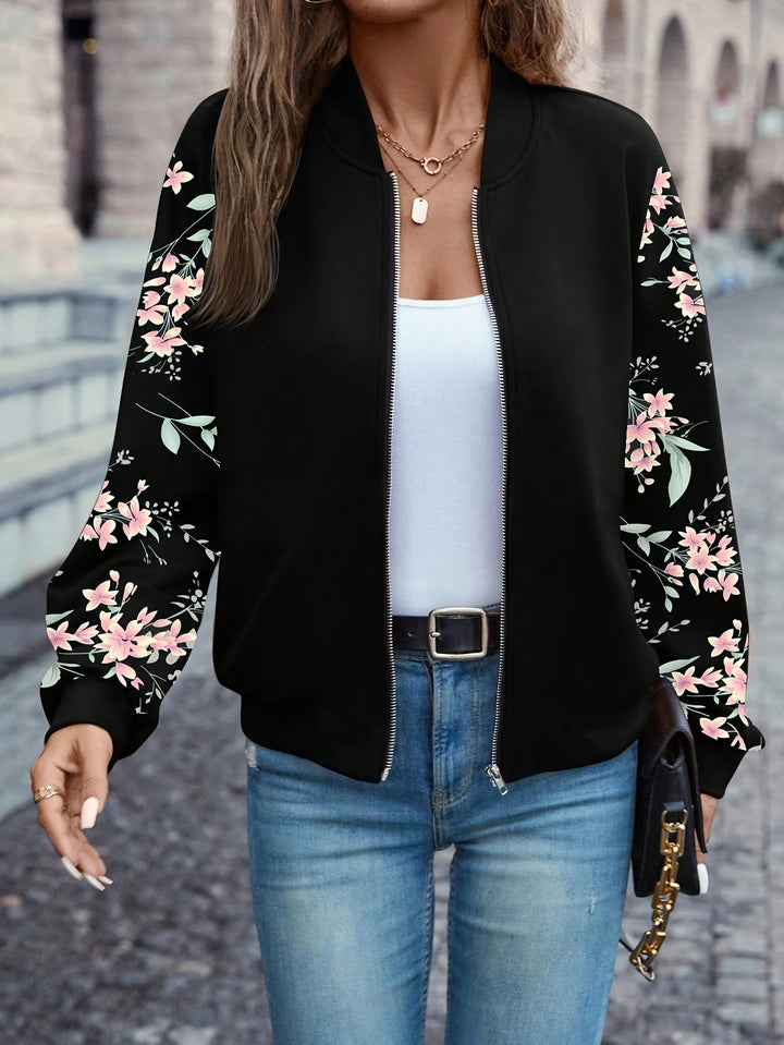 Womens Floral-Sleeve Zip Bomber Jacket