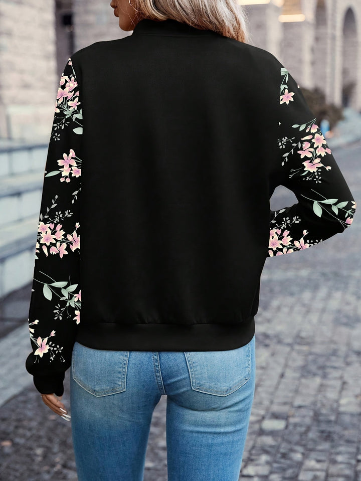 Womens Floral-Sleeve Zip Bomber Jacket