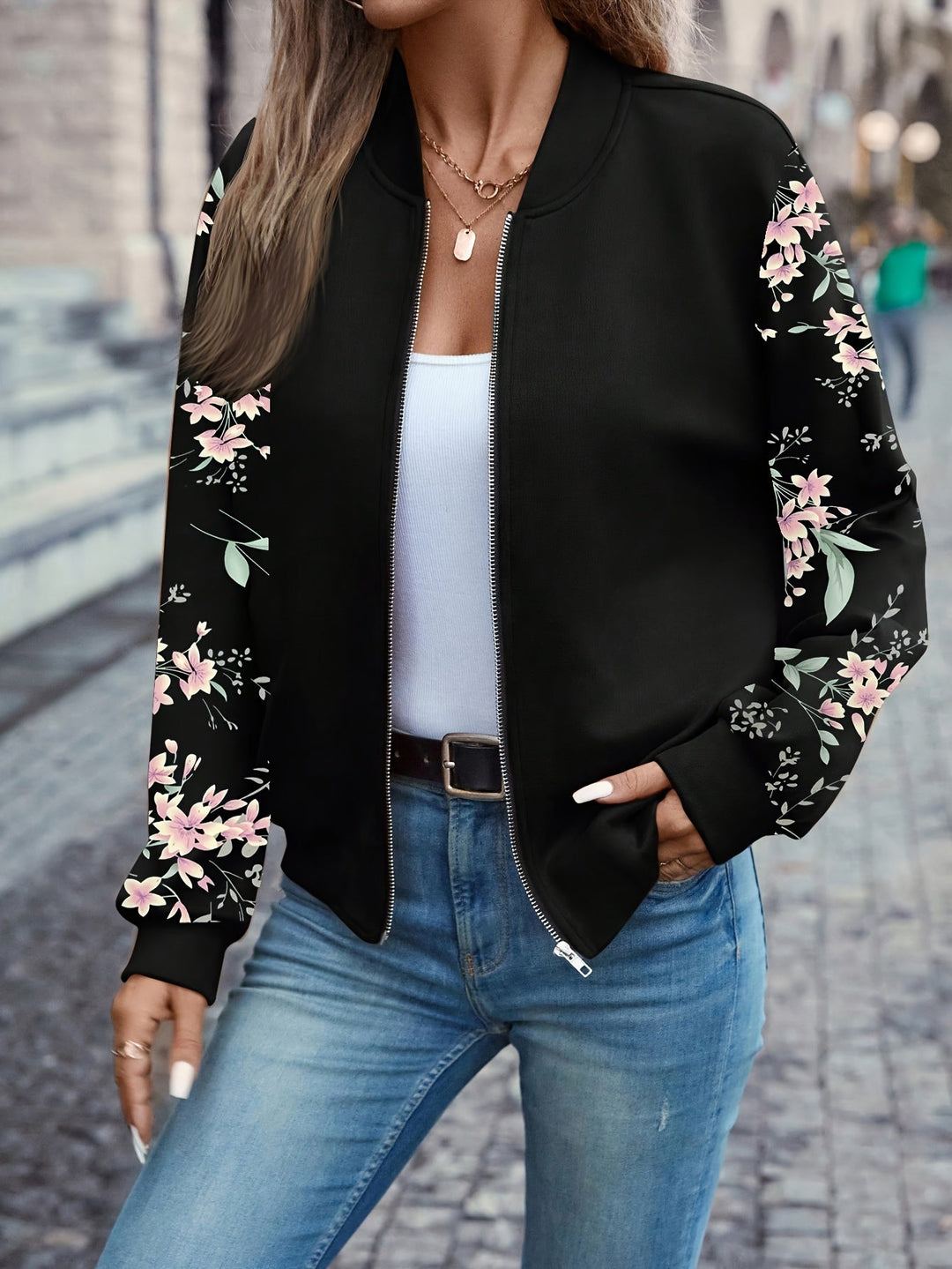 Womens Floral-Sleeve Zip Bomber Jacket