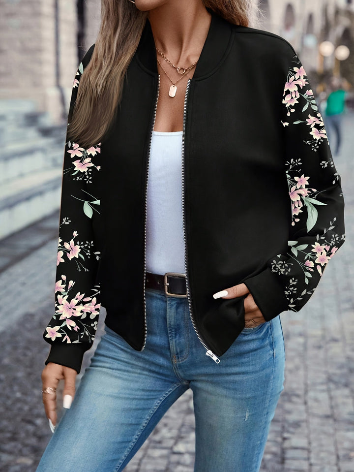 Womens Floral-Sleeve Zip Bomber Jacket