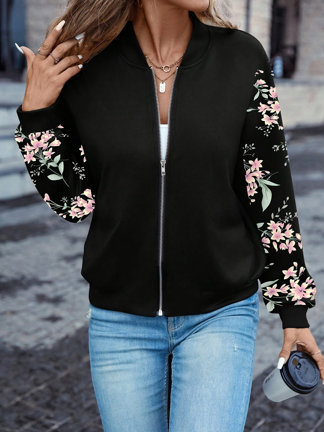 Womens Floral-Sleeve Zip Bomber Jacket