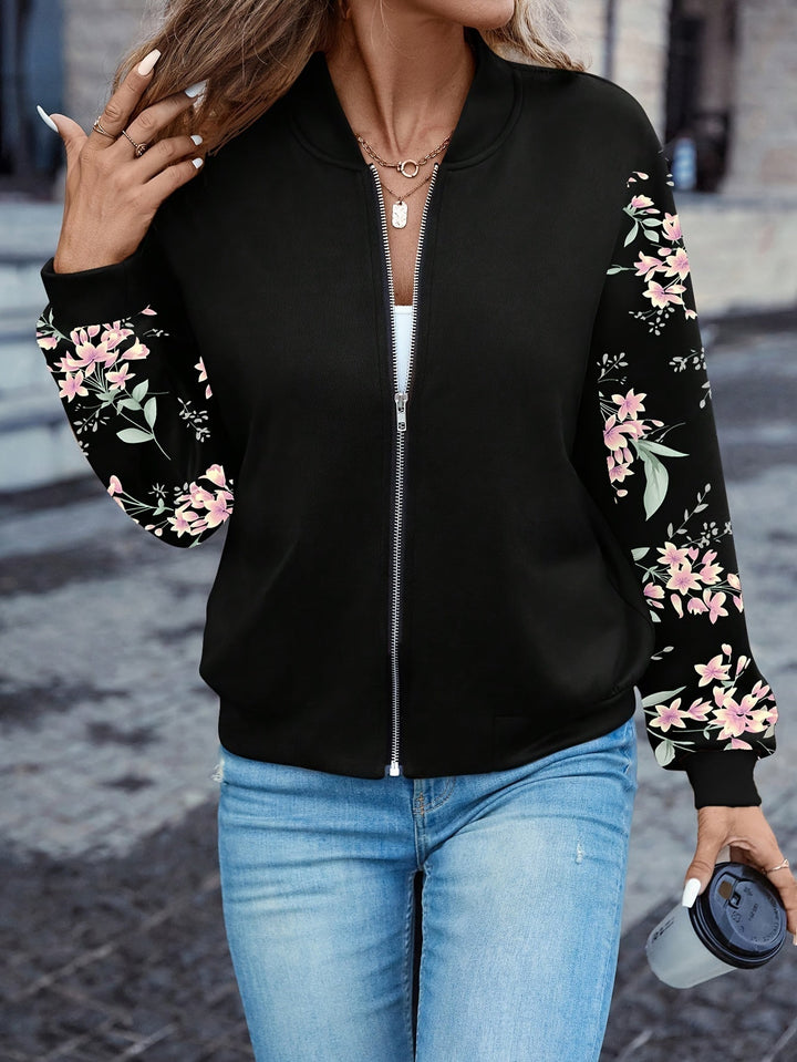 Womens Floral-Sleeve Zip Bomber Jacket