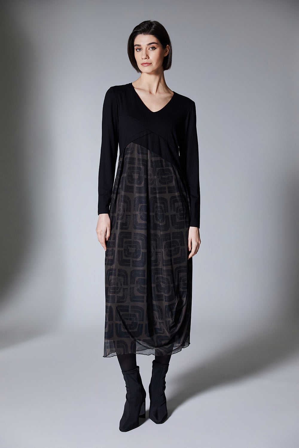 Maeve | Black Jersey & Mesh Midi Dress