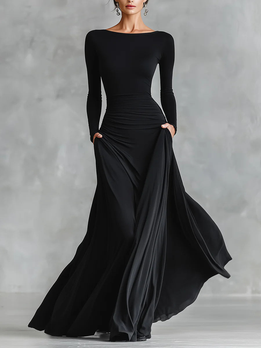 Etna | Modern Black Crepe Long Dress with Boat Neckline and Pleats