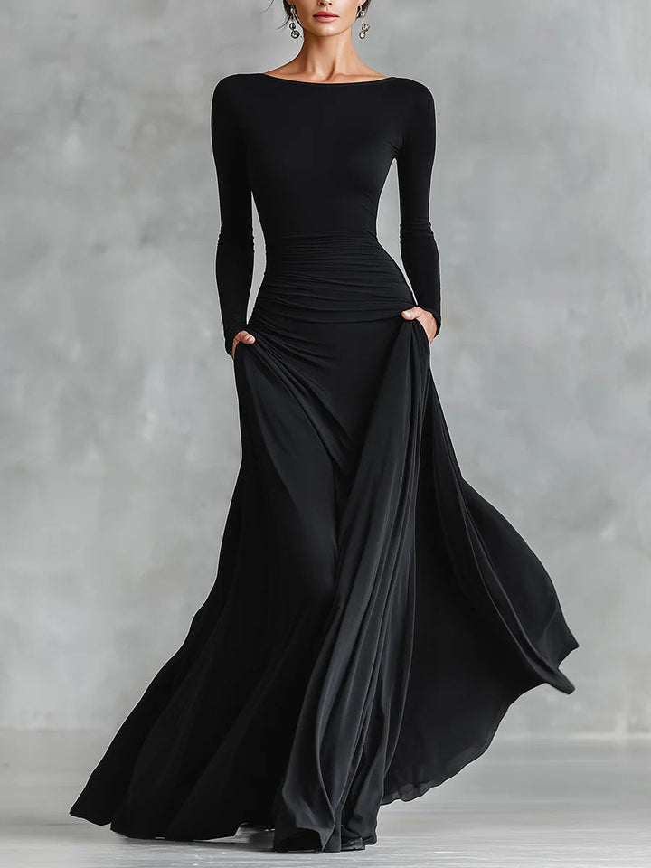 Etna | Modern Black Crepe Long Dress with Boat Neckline and Pleats