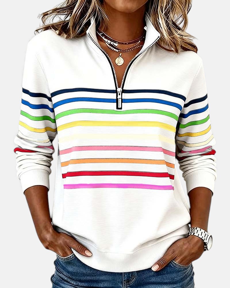 Striped Half Zip Stand Collar Sweatshirt