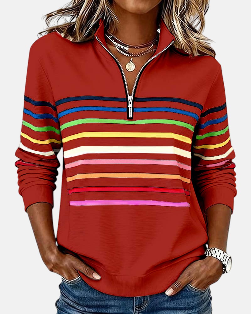 Striped Half Zip Stand Collar Sweatshirt