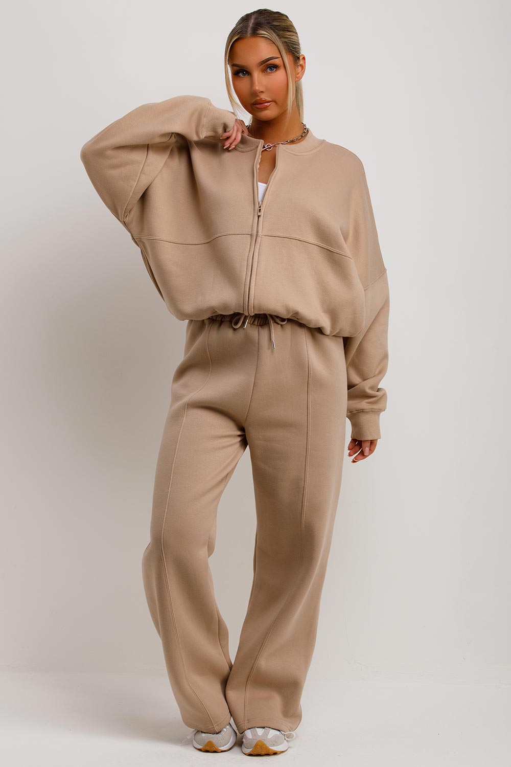 Zip Bomber Sweatshirt and Joggers Set in Beige