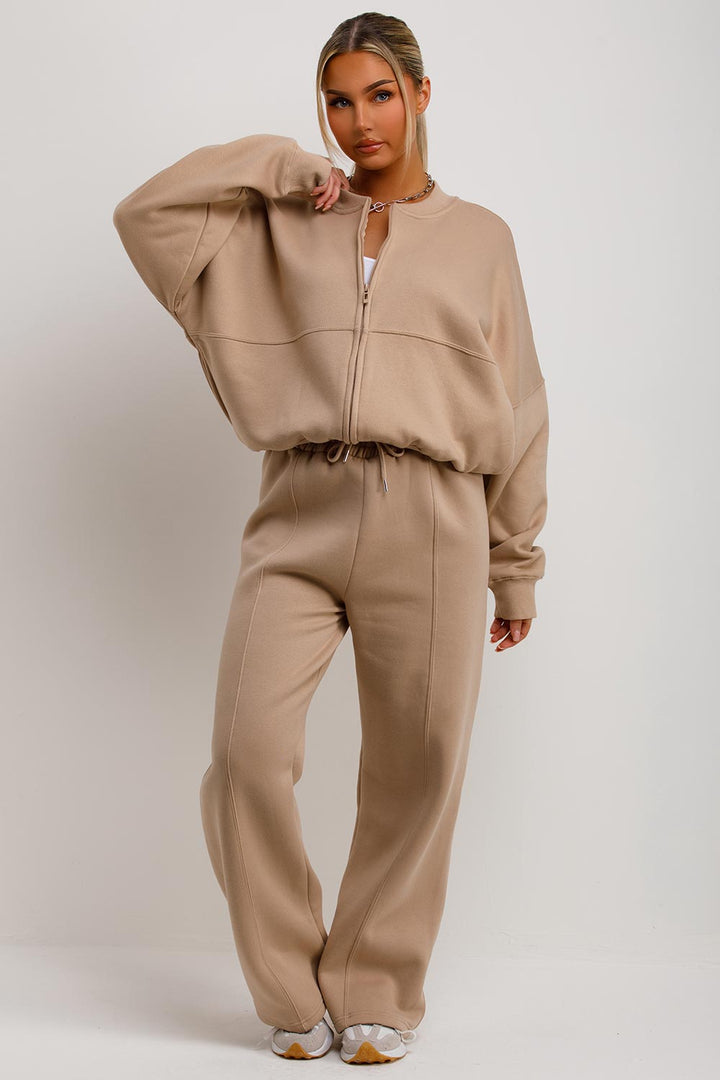 Zip Bomber Sweatshirt and Joggers Set in Beige