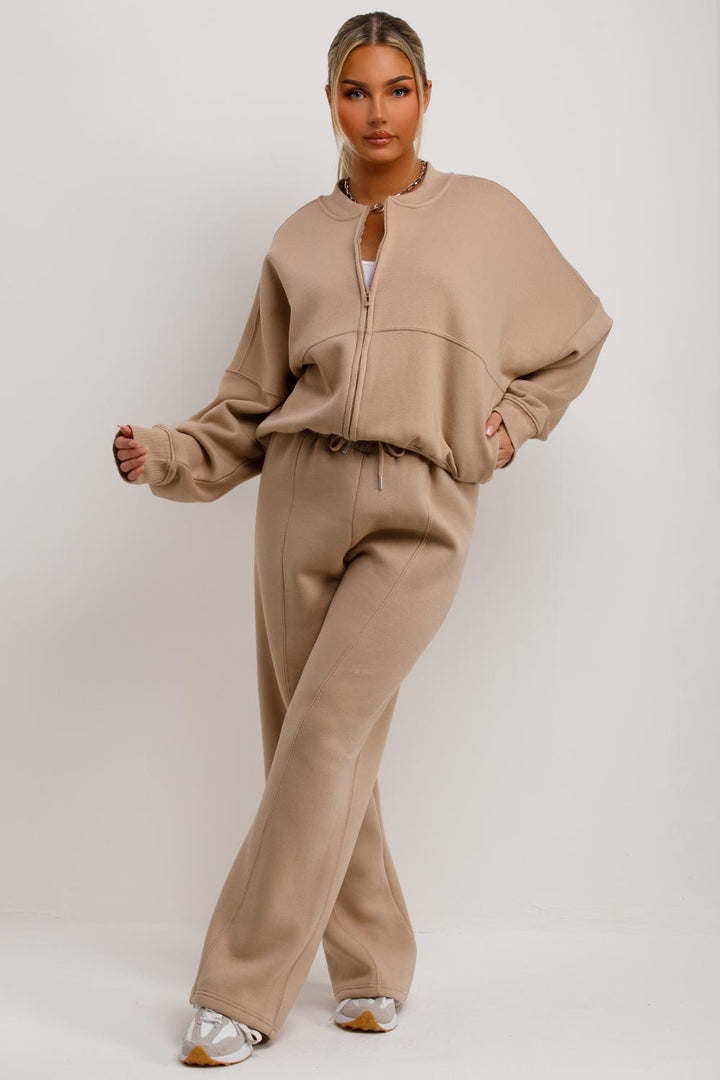 Zip Bomber Sweatshirt and Joggers Set in Beige