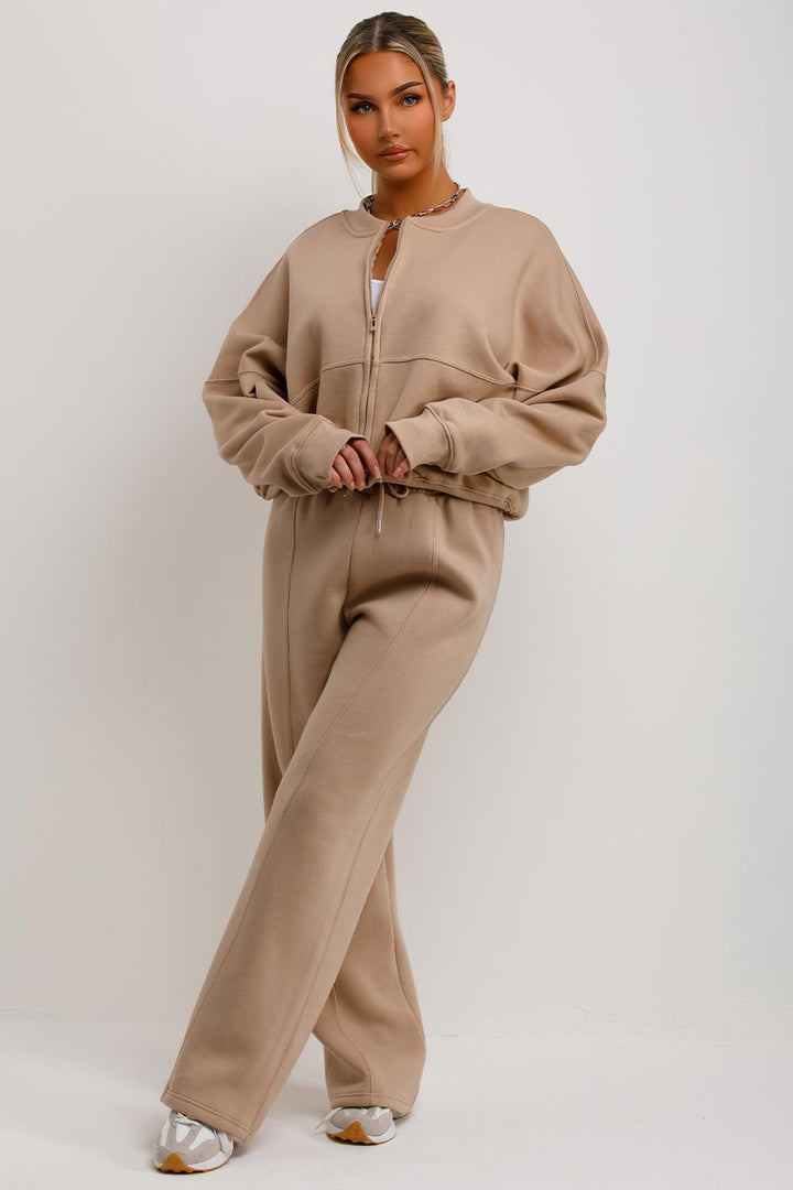 Zip Bomber Sweatshirt and Joggers Set in Beige