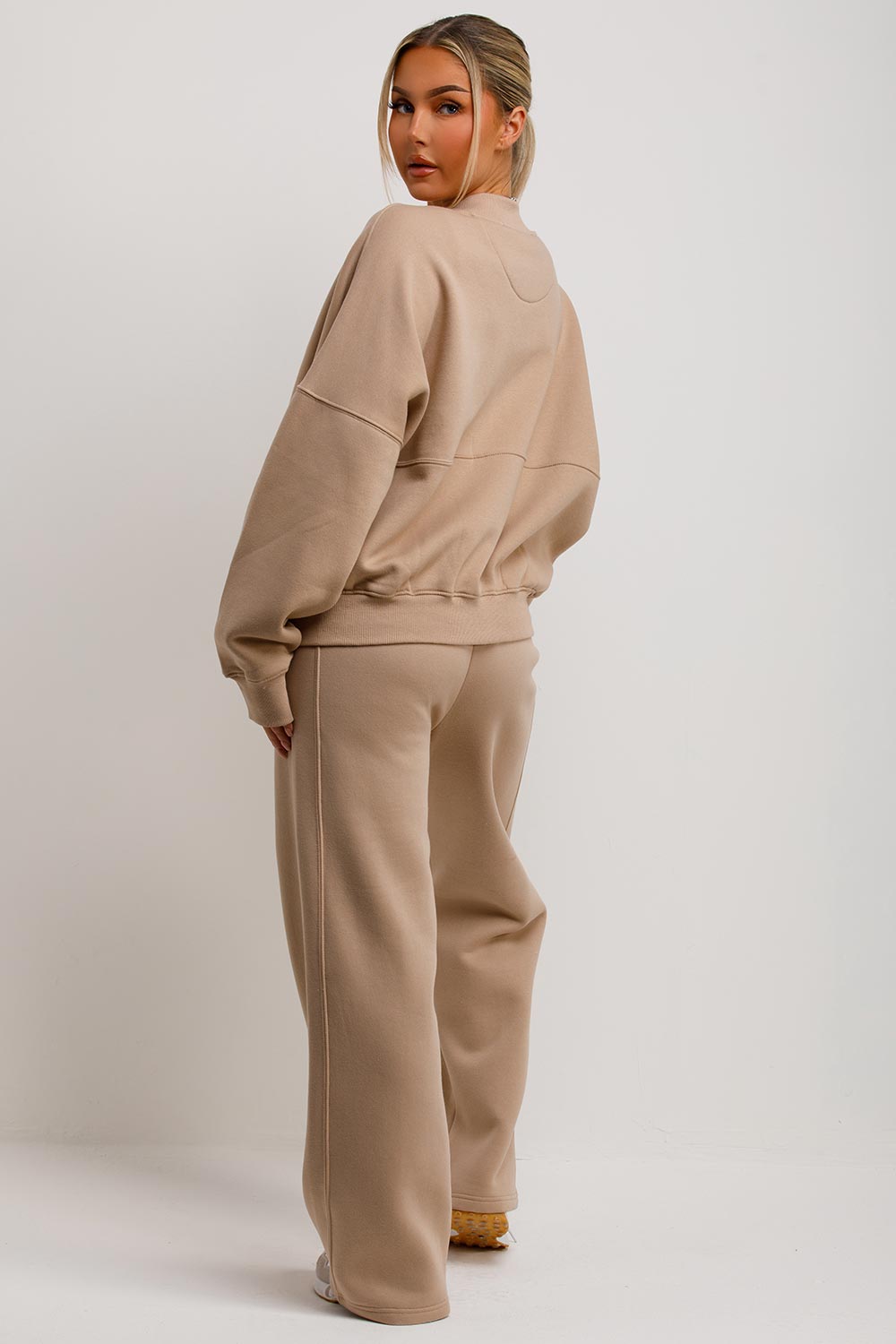Zip Bomber Sweatshirt and Joggers Set in Beige