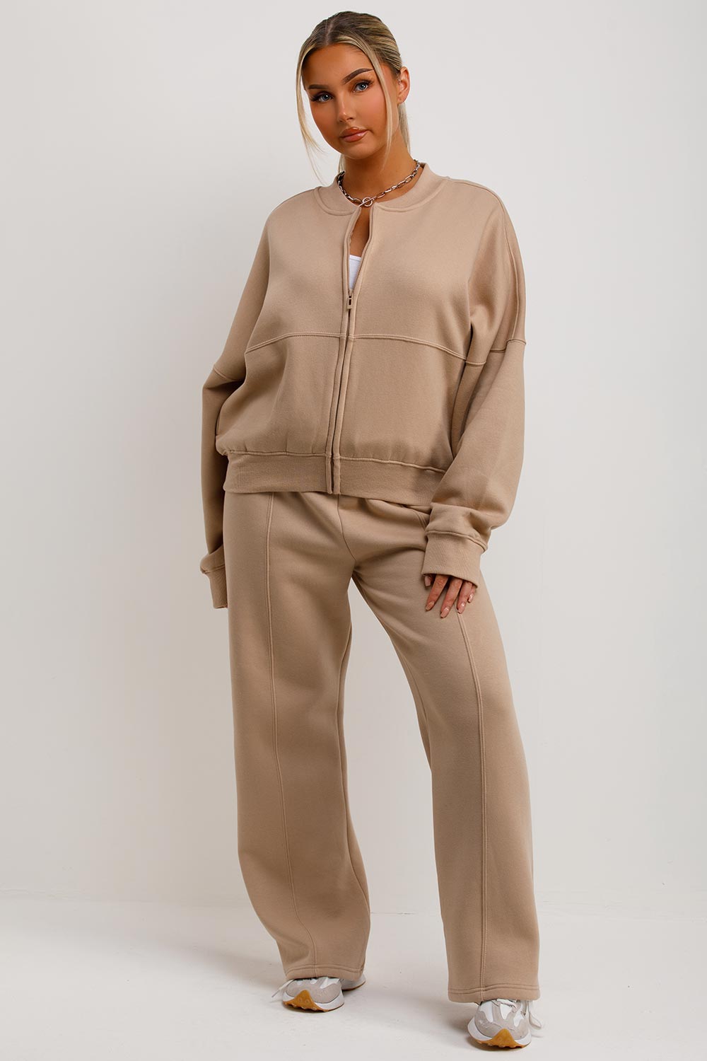 Zip Bomber Sweatshirt and Joggers Set in Beige