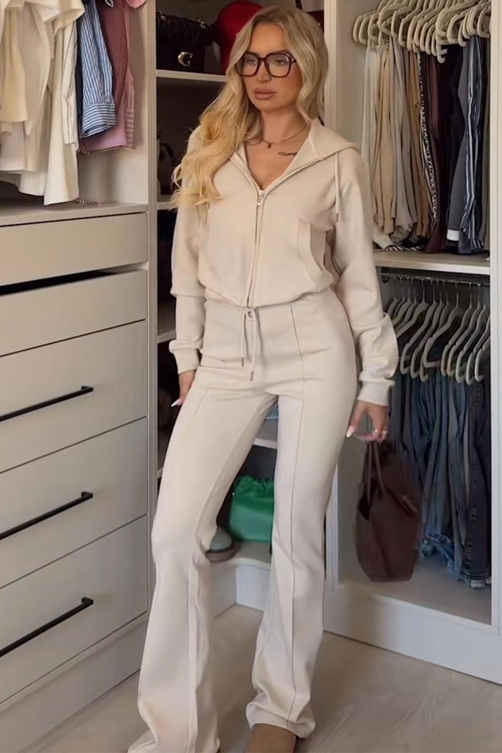 Cropped Hoodie and Flared Trousers Set in Oatmeal