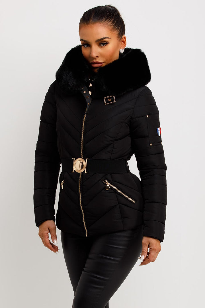 Belted Puffer Jacket with Faux Fur Hood in Black